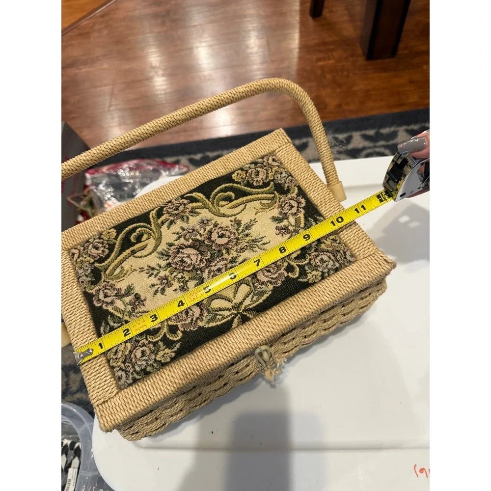 Vintage Wicker Sewing Basket Floral Tapestry Lid with Notions 10x7 Mid Century